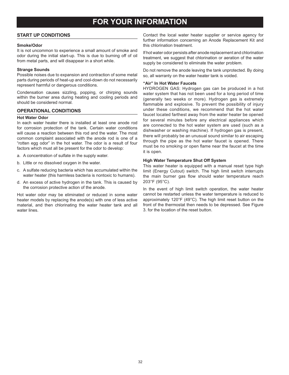 For your information, Start up conditions, Operational conditions | Start up conditions operational conditions | State SBL85 390 NE A User Manual | Page 32 / 52