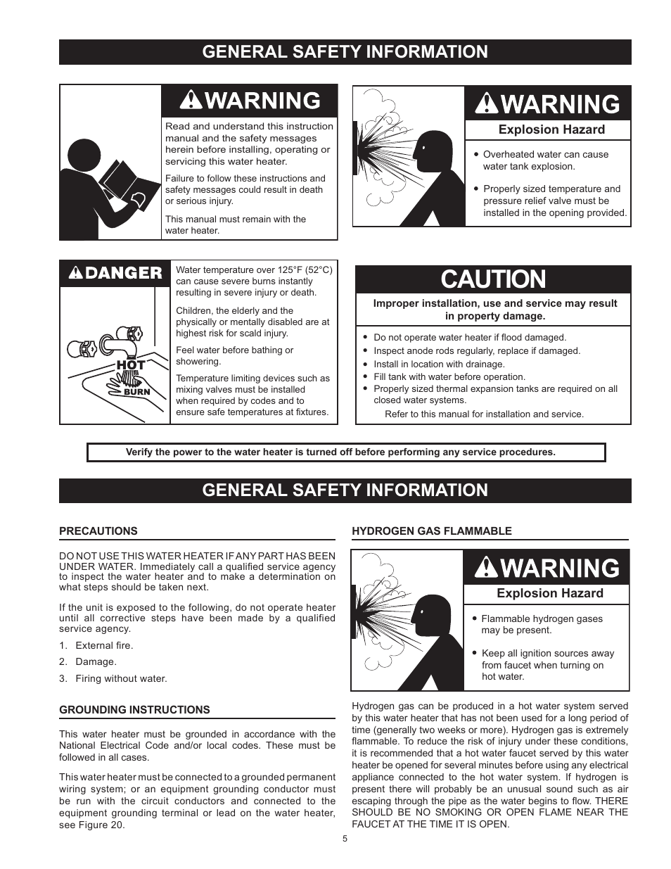 Precautions, Grounding instructions, Hydrogen gas flammable | Caution, General safety information, Explosion hazard | State SBL85 390 NE A User Manual | Page 5 / 52