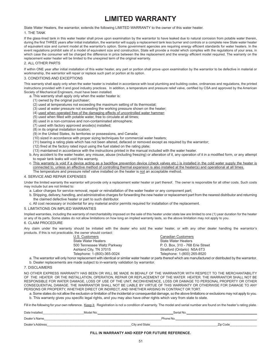 Limited warranty | State SBL85 390 NE A User Manual | Page 51 / 52