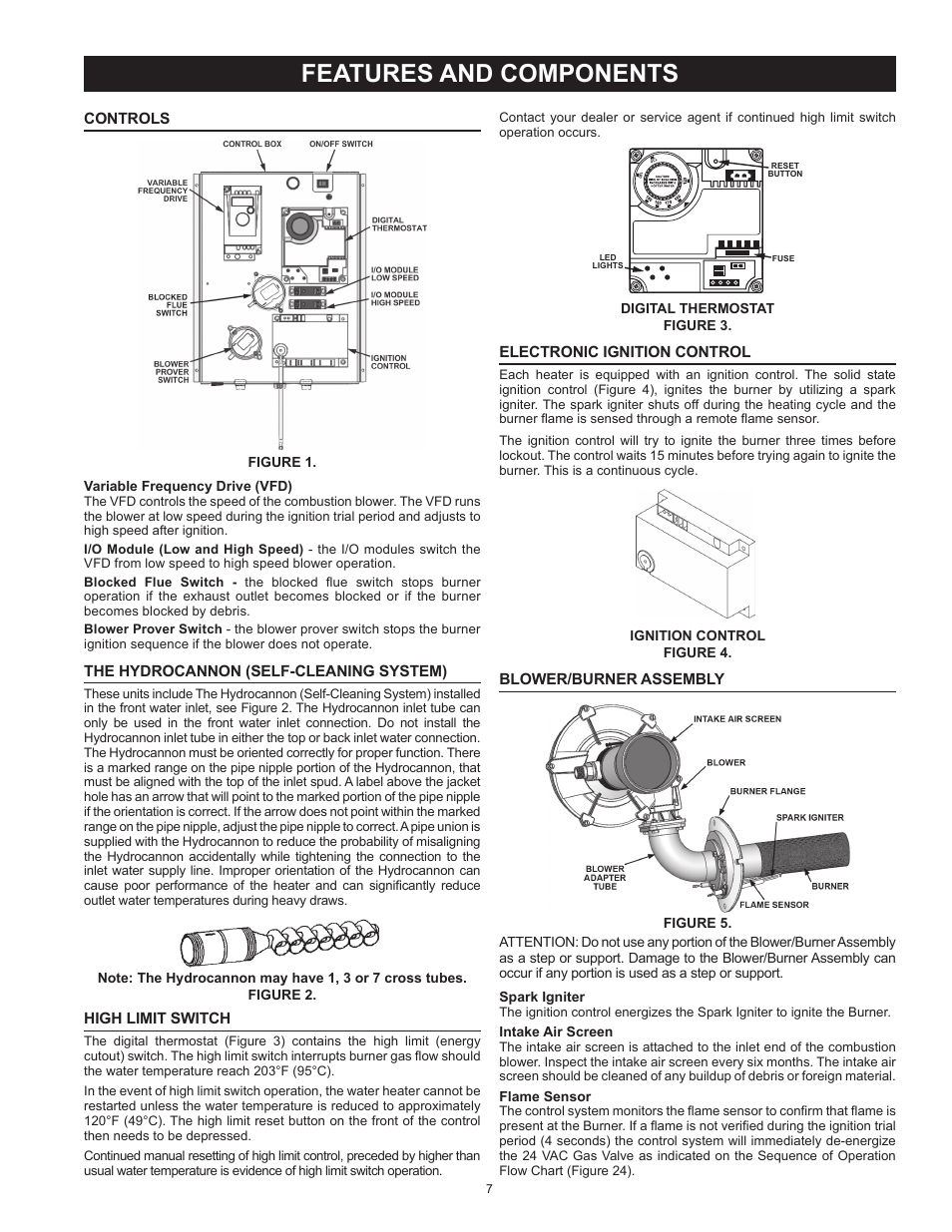 Features and components, Controls, The hydrocannon (self-cleaning system) | High limit switch, Electronic ignition control, Blower/burner assembly | State SBL85 390 NE A User Manual | Page 7 / 52