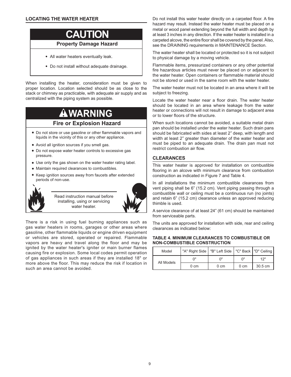 Locating the water heater, Clearances, Locating the water heater clearances | Caution, Fire or explosion hazard | State SBL85 390 NE A User Manual | Page 9 / 52