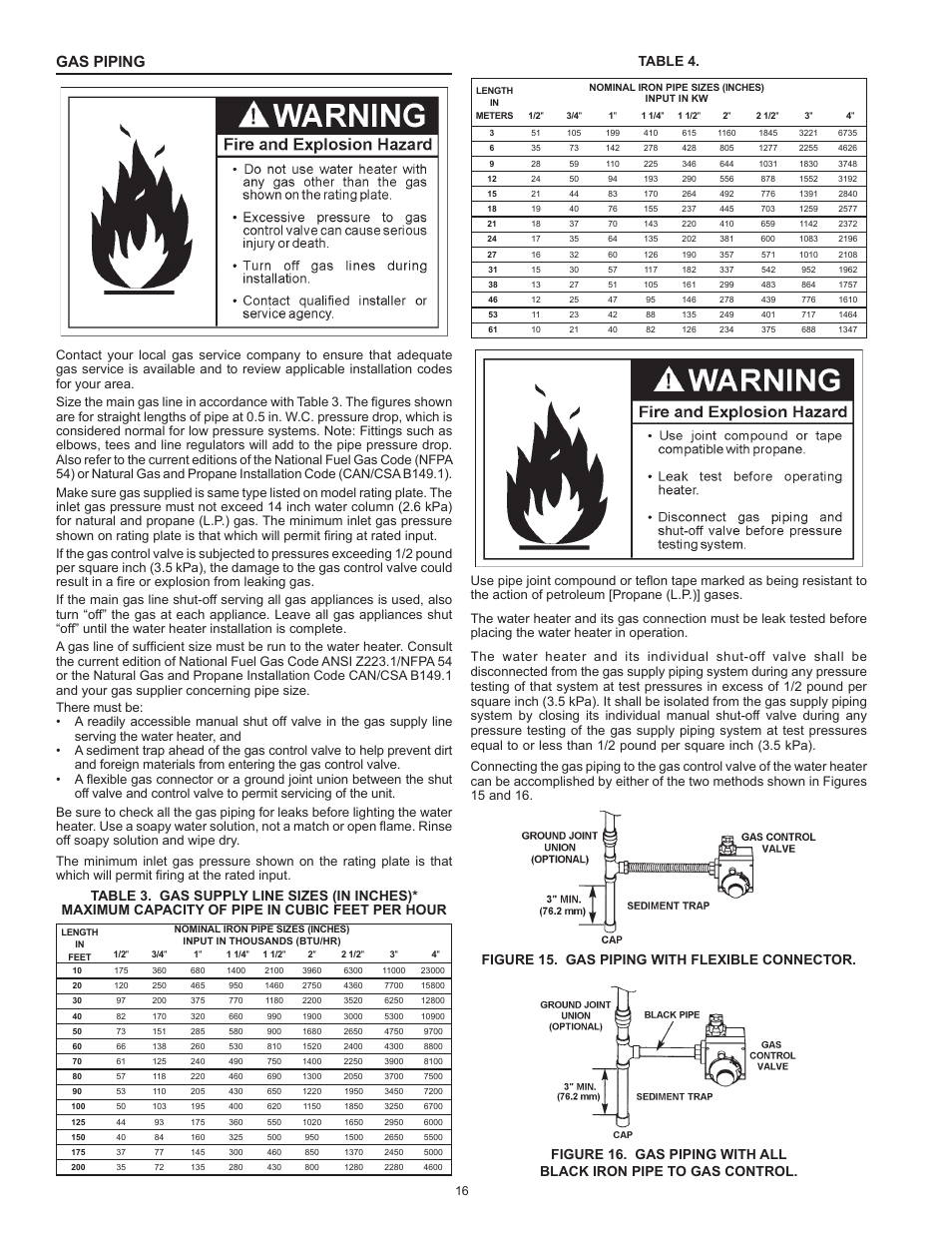 Gas piping, Table 4 | State SBL100 76 NE User Manual | Page 16 / 36