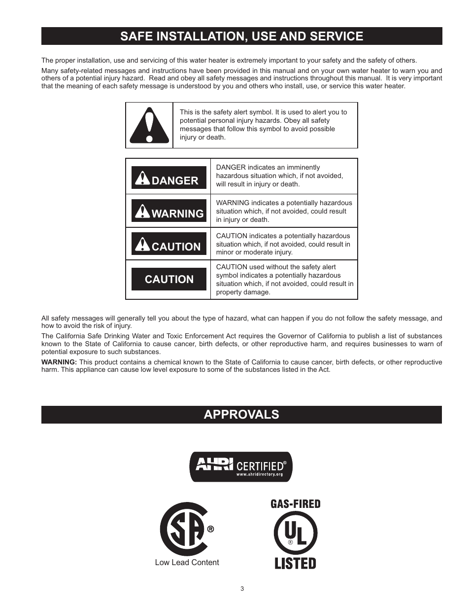Safe installation, use and service, Approvals, Danger warning caution caution | State SBL100 76 NE User Manual | Page 3 / 36