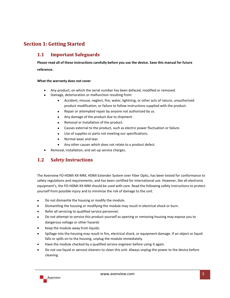 Section 1: getting started, Important safeguards, Safety instructions | 1 important safeguards, 2 safety instructions | Avenview FO-HDMI-XX-MM User Manual | Page 3 / 12