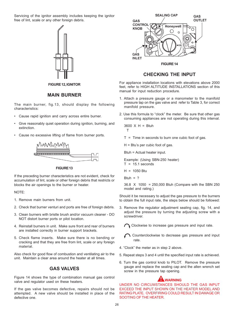 Main burner, Gas valves, Checking the input | State SBN85 390NE A User Manual | Page 26 / 32