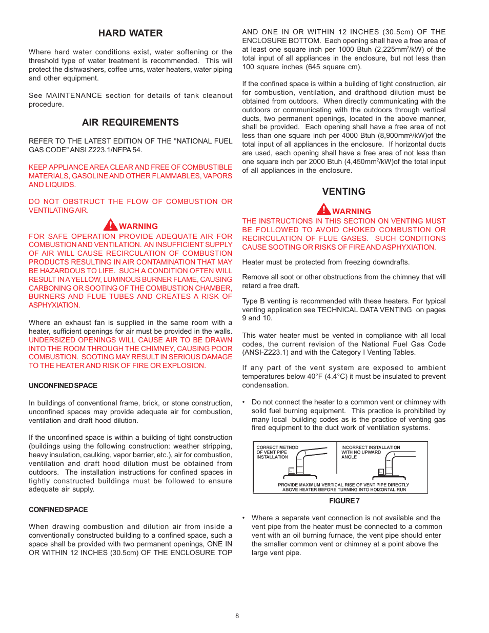 Hard water, Air requirements, Venting | State SBN85 390NE A User Manual | Page 8 / 32