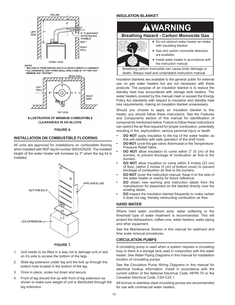 Installation on combustible flooring, Insulation blanket, Hard water | Circulation pumps, Breathing hazard - carbon monoxide gas | State SBN85 390NE A User Manual | Page 10 / 52