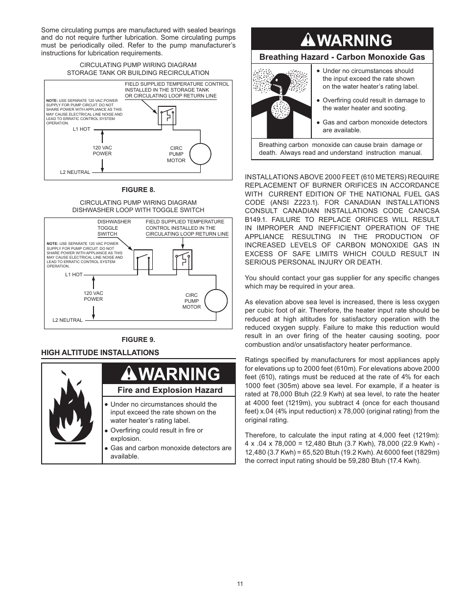 High altitude installations, Breathing hazard - carbon monoxide gas, Fire and explosion hazard | State SBN85 390NE A User Manual | Page 11 / 52