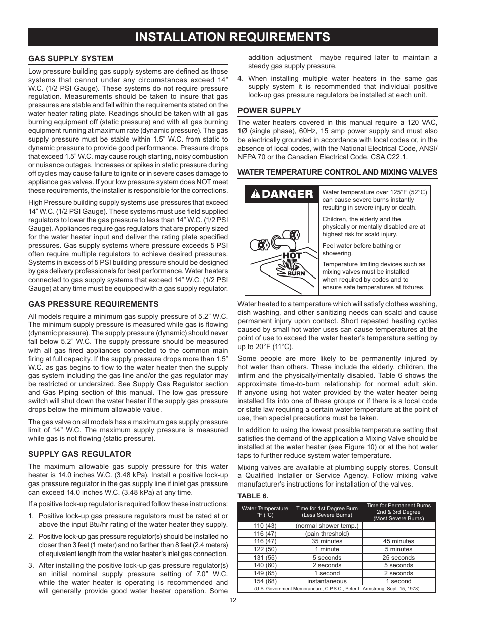 Installation requirements, Gas supply system, Gas pressure requirements | Supply gas regulator, Power supply, Water temperature control and mixing valves | State SBN85 390NE A User Manual | Page 12 / 52