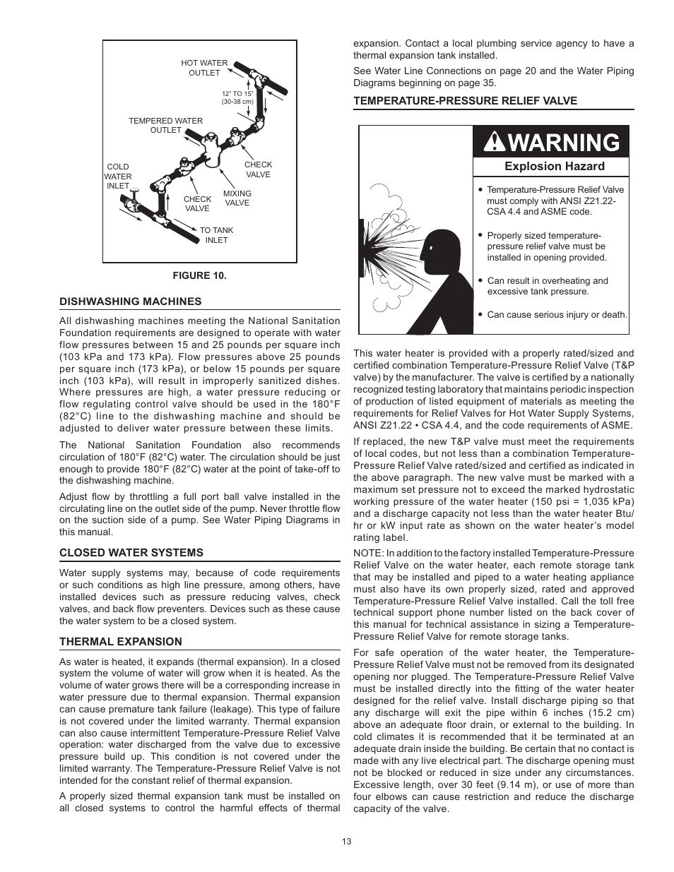 Dishwashing machines, Closed water systems, Thermal expansion | Temperature-pressure relief valve | State SBN85 390NE A User Manual | Page 13 / 52