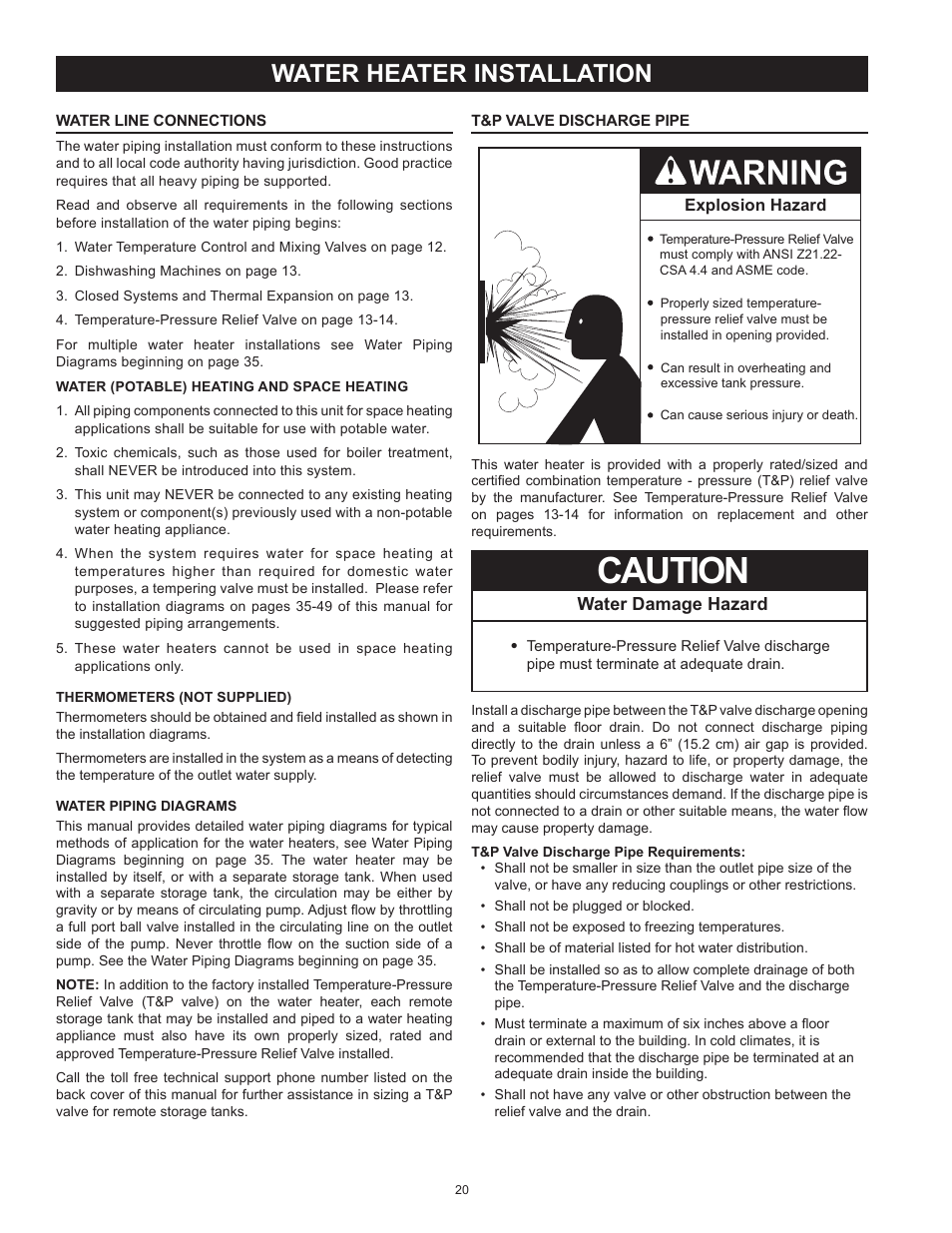 Water heater installation, Water line connections, T&p valve discharge pipe | Water line connections t&p valve discharge pipe, Caution, Water damage hazard | State SBN85 390NE A User Manual | Page 20 / 52