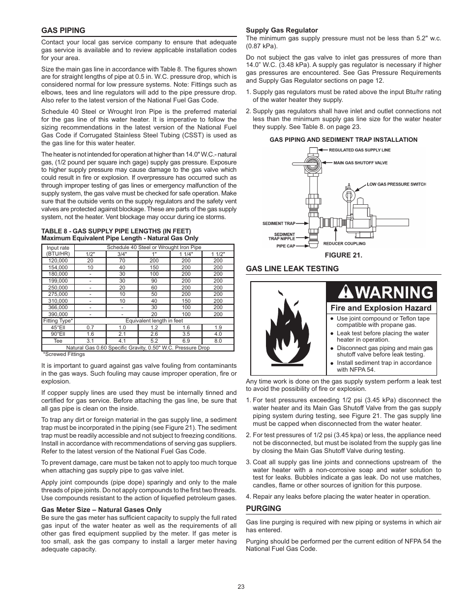 Gas piping, Gas line leak testing, Purging | Gas piping gas line leak testing purging, Fire and explosion hazard | State SBN85 390NE A User Manual | Page 23 / 52