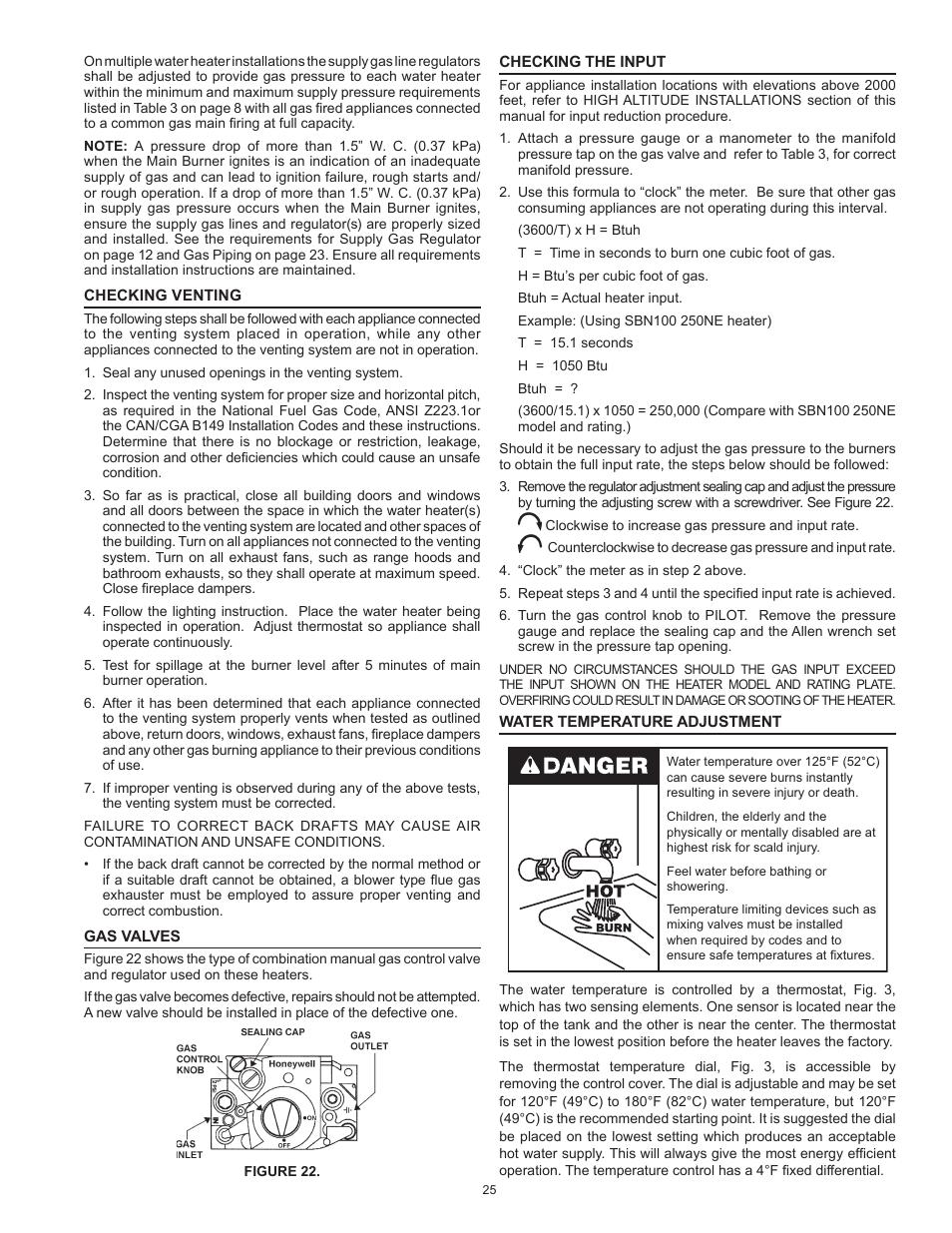 Checking venting, Gas valves, Checking the input | Water temperature adjustment | State SBN85 390NE A User Manual | Page 25 / 52