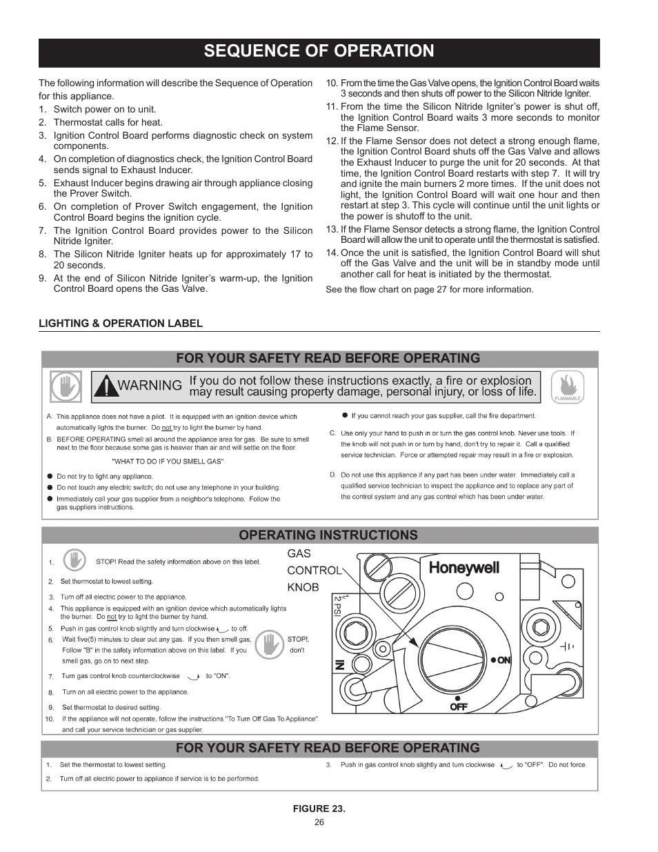 Sequence of operation, Lighting & operation label | State SBN85 390NE A User Manual | Page 26 / 52