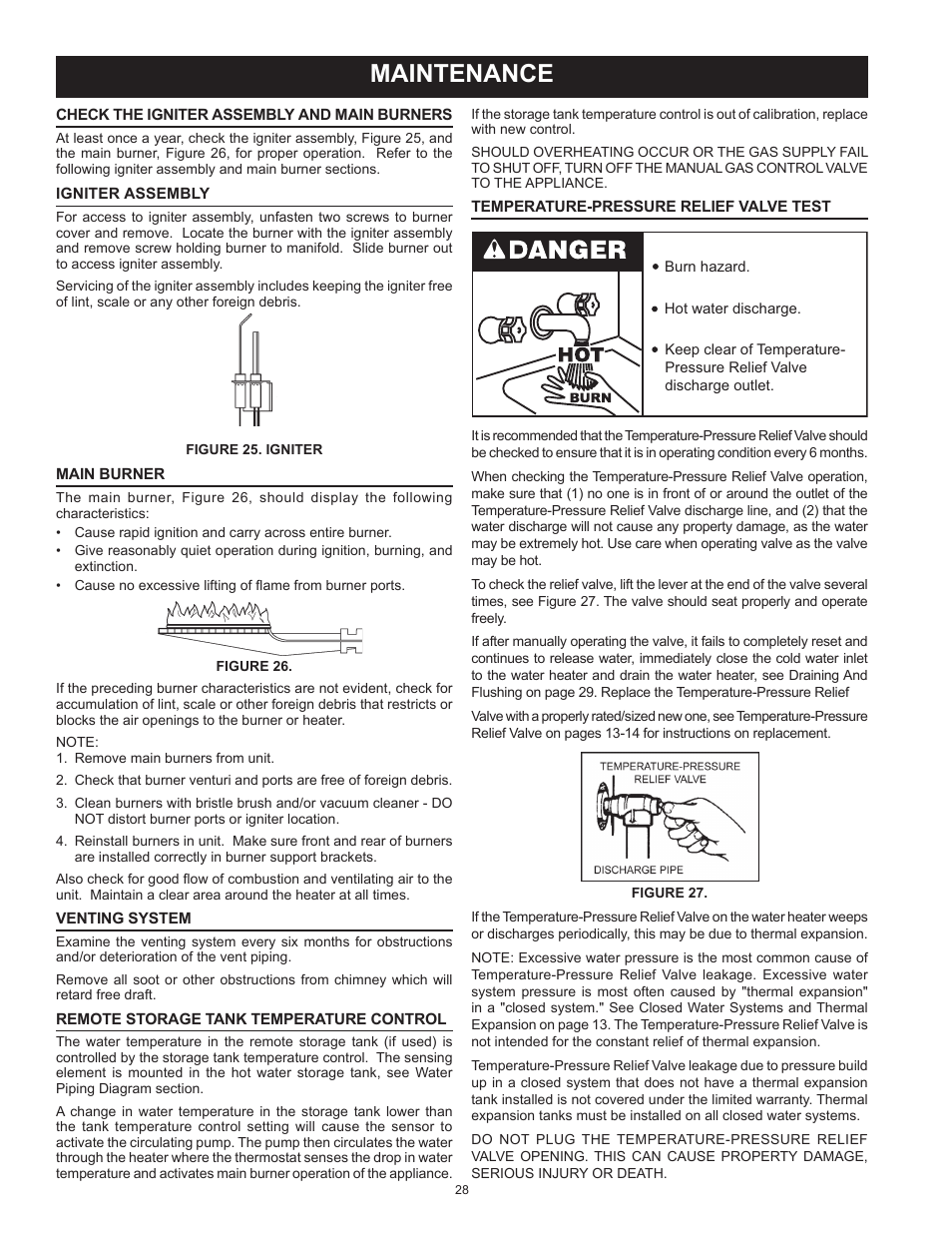 Maintenance, Check the igniter assembly and main burners, Igniter assembly | Main burner, Venting system, Remote storage tank temperature control, Temperature-pressure relief valve test | State SBN85 390NE A User Manual | Page 28 / 52