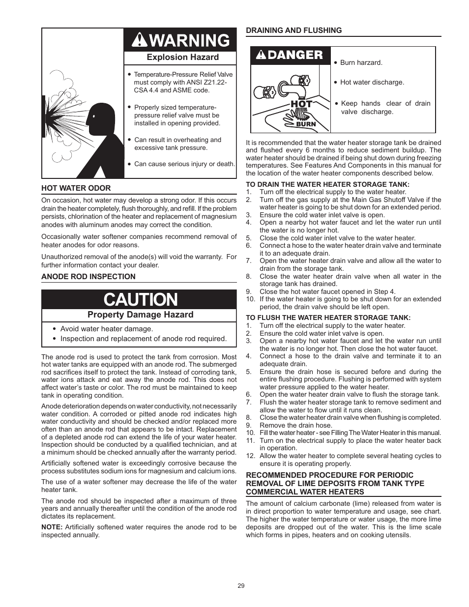 Hot water odor, Anode rod inspection, Draining and flushing | Caution, Property damage hazard | State SBN85 390NE A User Manual | Page 29 / 52