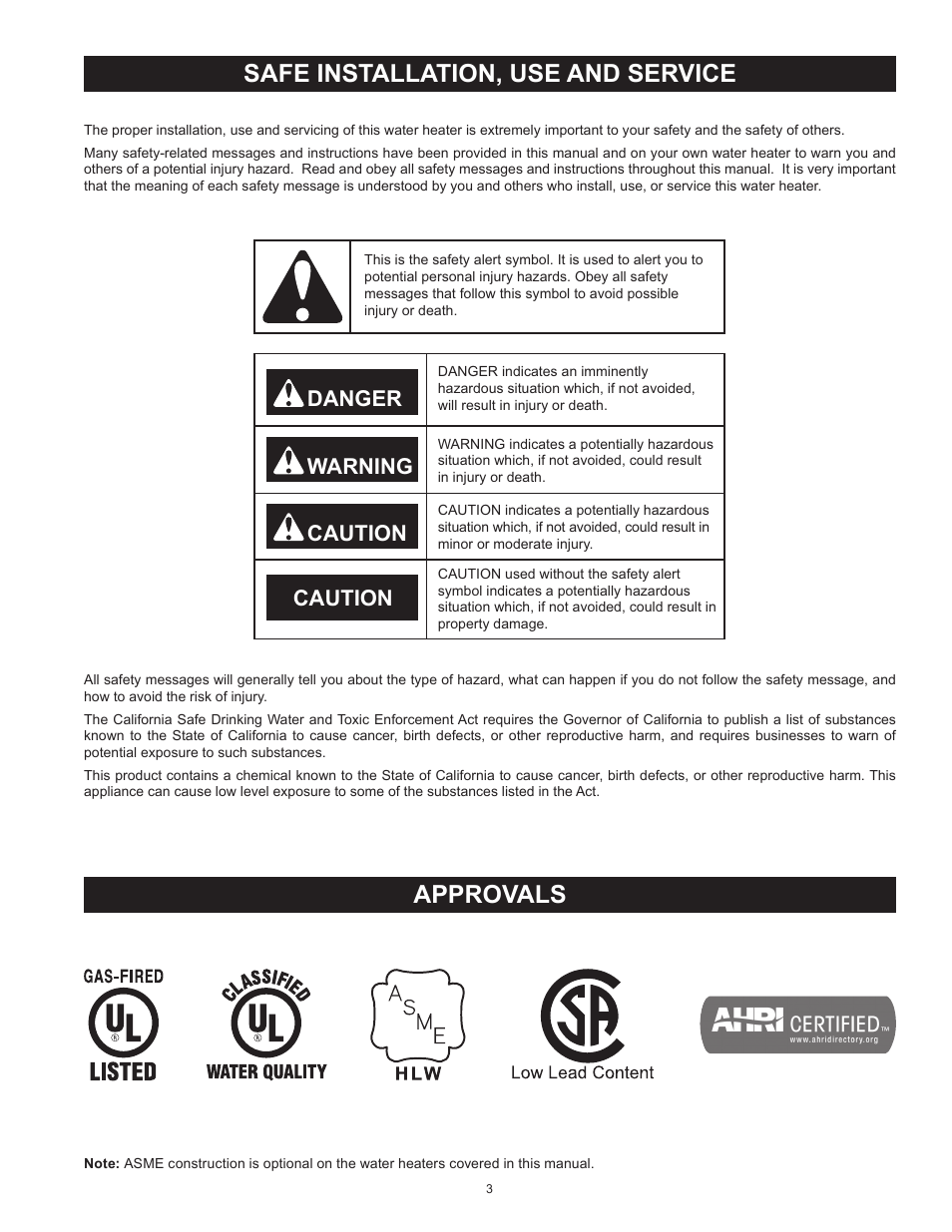 Safe installation, use and service, Approvals, Danger warning caution caution | State SBN85 390NE A User Manual | Page 3 / 52