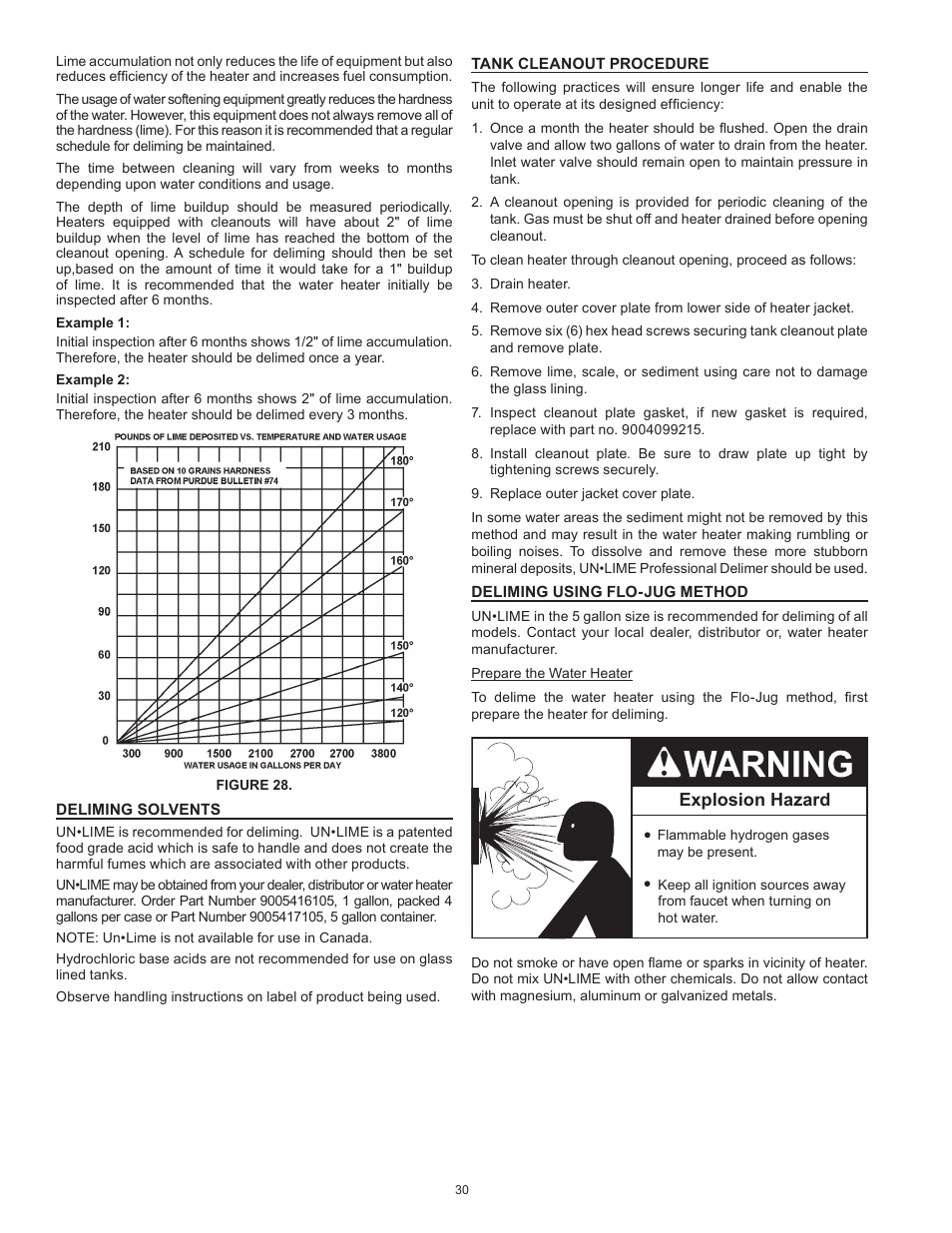 Deliming solvents, Tank cleanout procedure, Deliming using flo-jug method | Explosion hazard | State SBN85 390NE A User Manual | Page 30 / 52