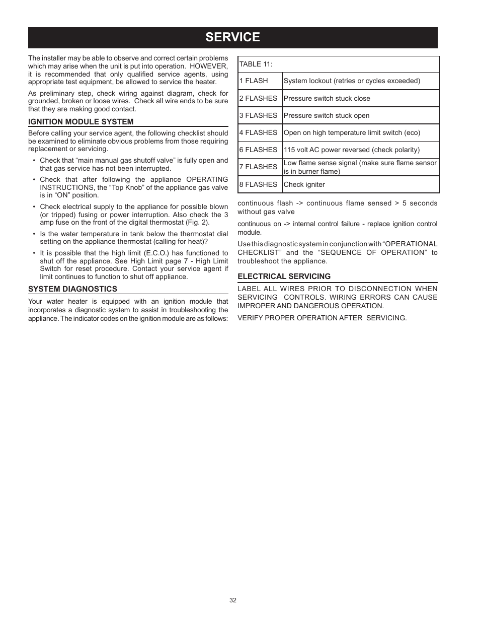 Service, Ignition module system, System diagnostics | Electrical servicing | State SBN85 390NE A User Manual | Page 32 / 52