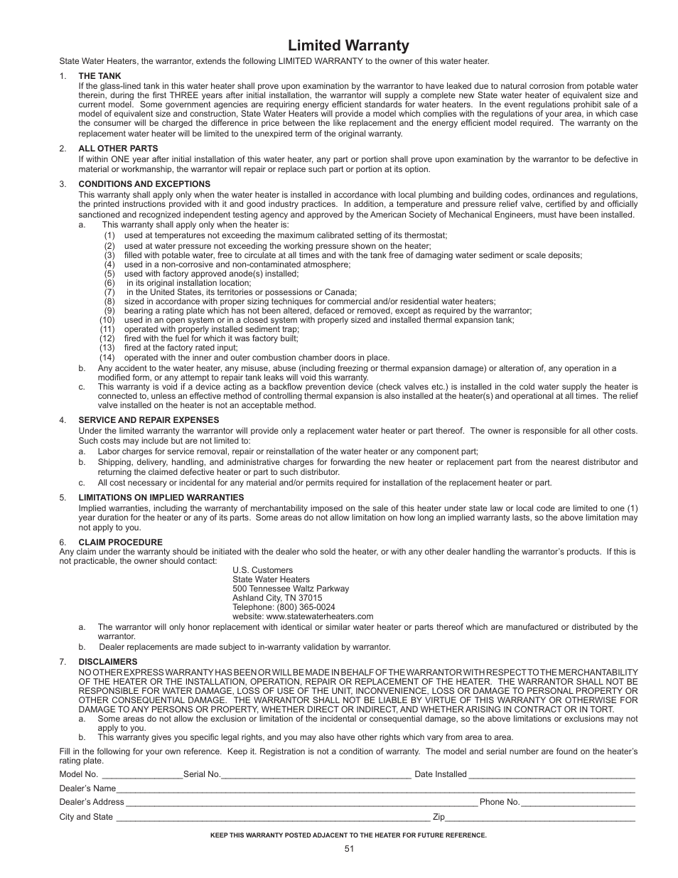 Warranty, Limited warranty | State SBN85 390NE A User Manual | Page 51 / 52