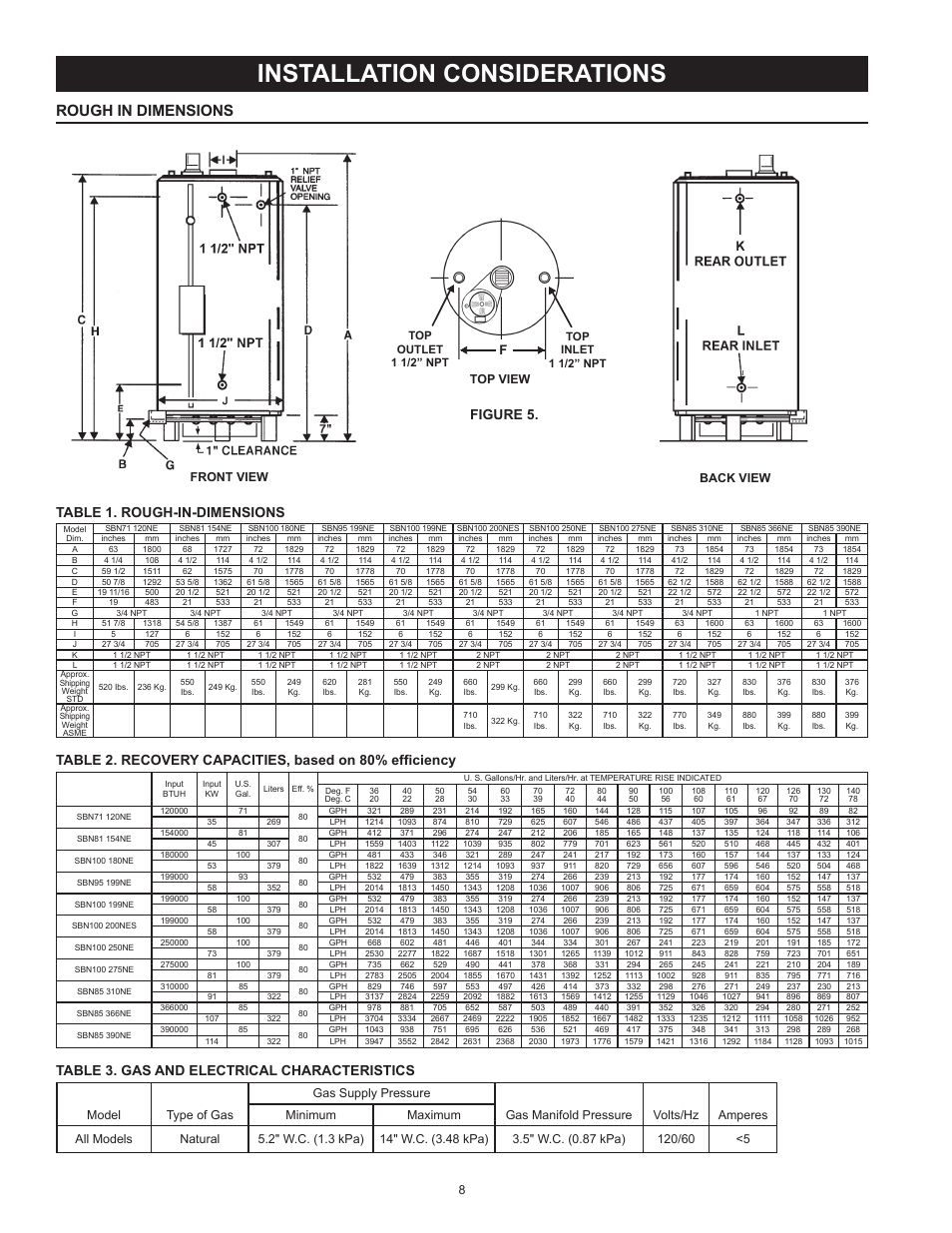 Installation considerations, Rough in dimensions, Recovery capacities | Gas and electrical characteristics, Table 1. rough-in-dimensions, Table 3. gas and electrical characteristics, Figure 5, Front view top view back view | State SBN85 390NE A User Manual | Page 8 / 52