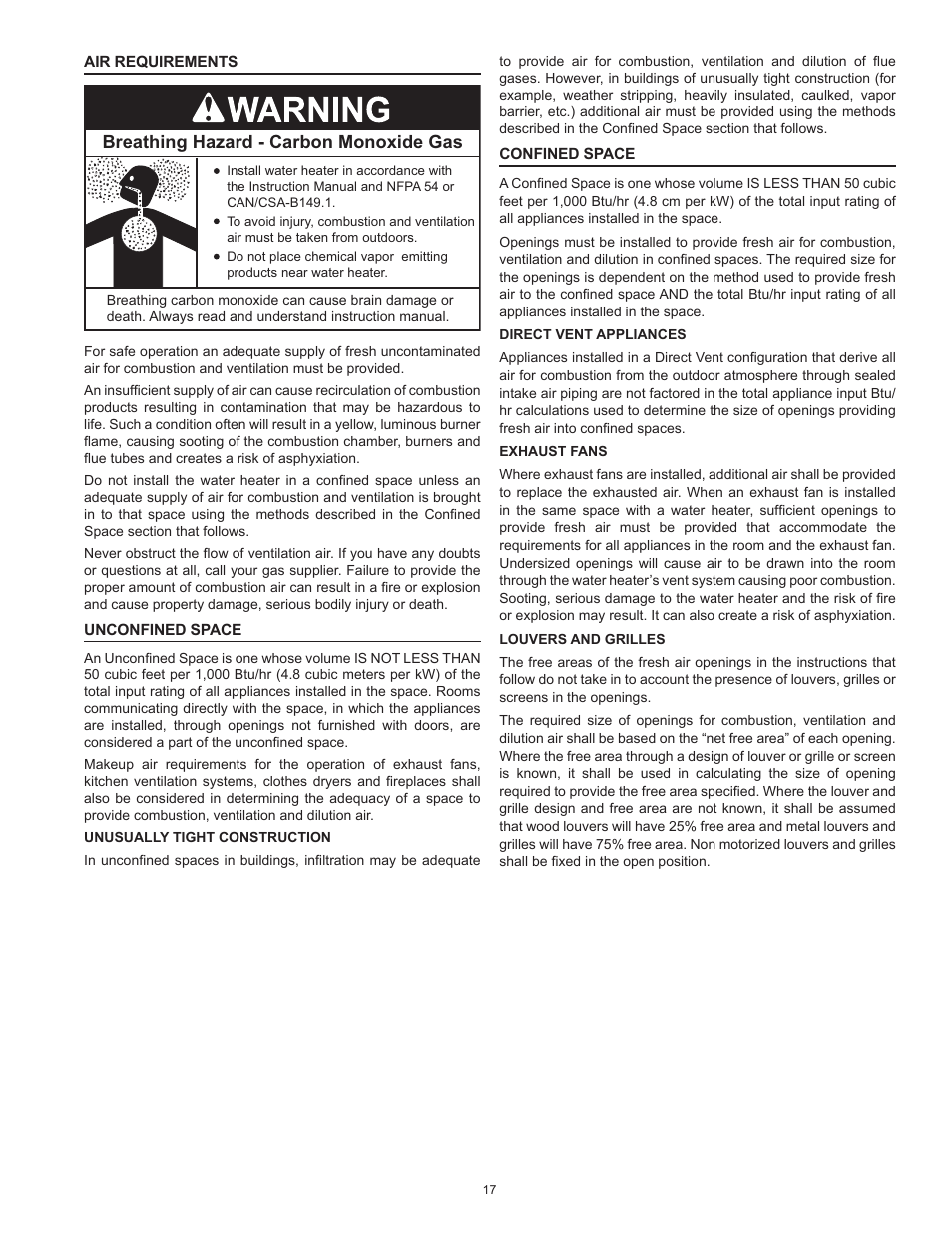 Air requirements, Unconfined space, Confined space | Breathing hazard - carbon monoxide gas | State SUF 130 500 User Manual | Page 17 / 76