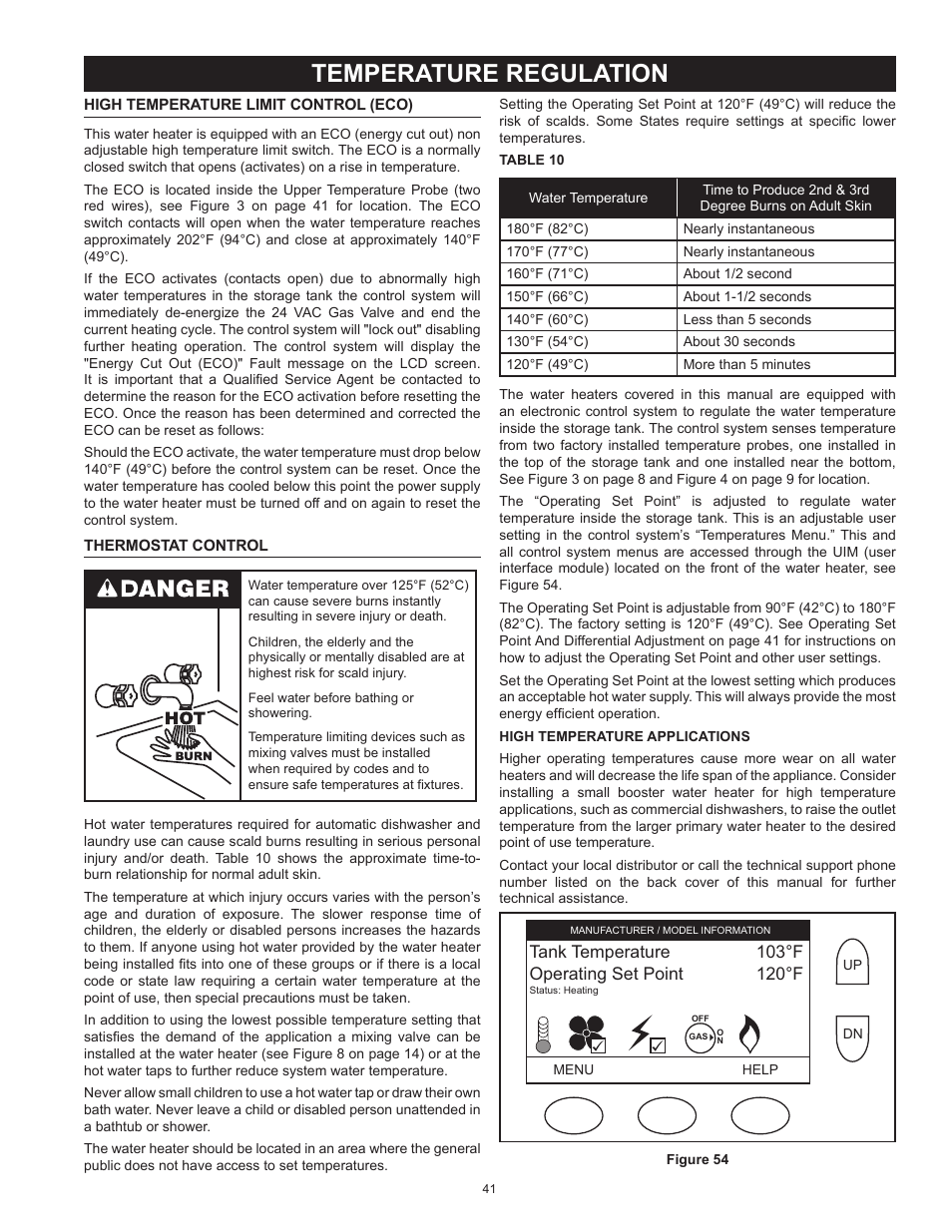 Temperature regulation, High temperature limit control (eco), Thermostat control | State SUF 130 500 User Manual | Page 41 / 76