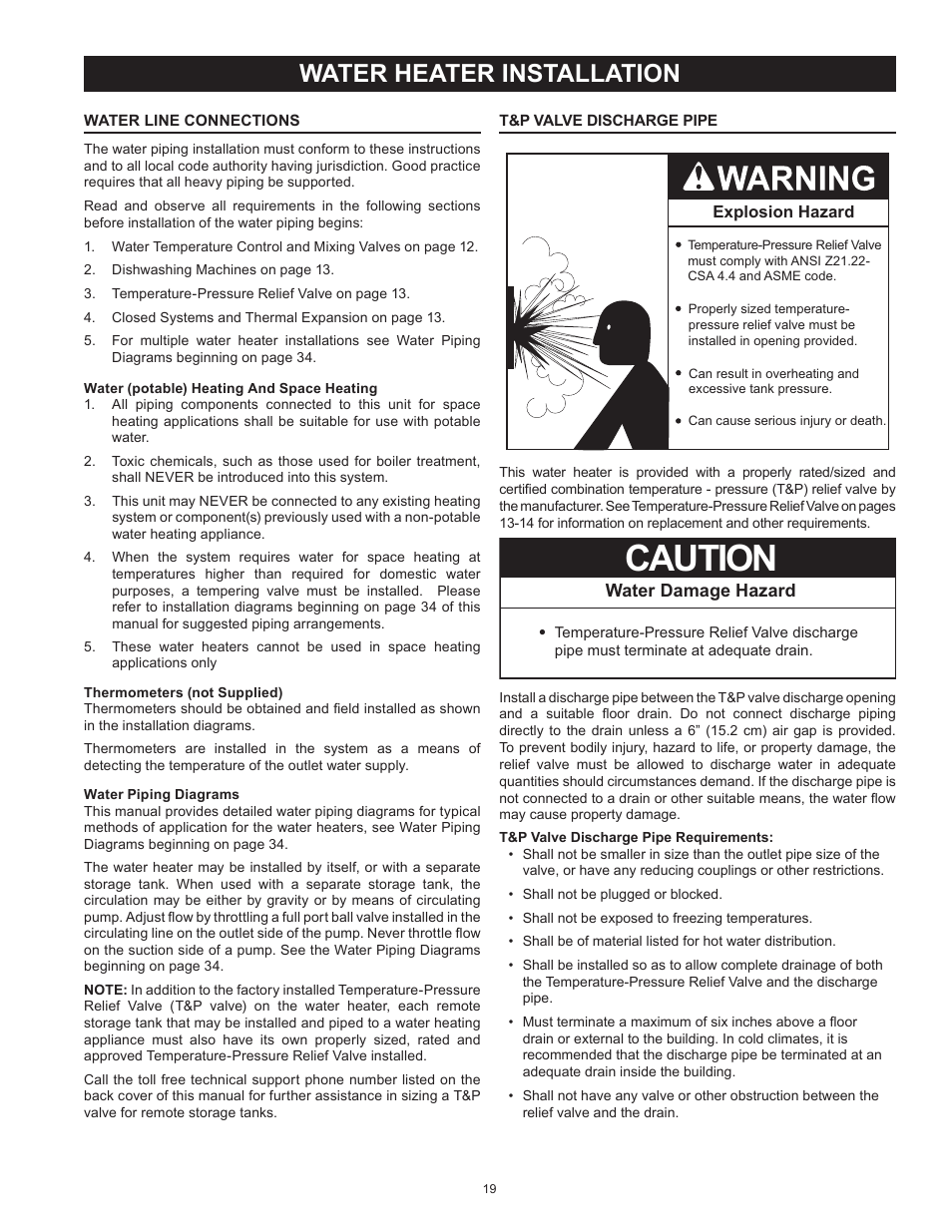 Caution, Water heater installation, Water damage hazard | State SBL100 199 NE User Manual | Page 19 / 52