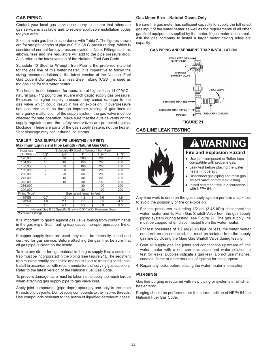 Fire and explosion hazard, Gas piping, Gas line leak testing | Purging | State SBL100 199 NE User Manual | Page 22 / 52