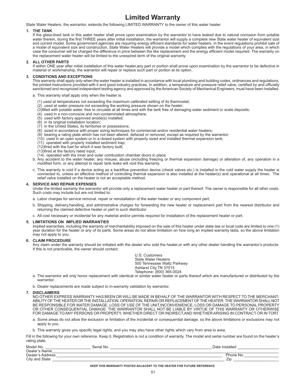 Limited warranty | State SBL100 199 NE User Manual | Page 51 / 52