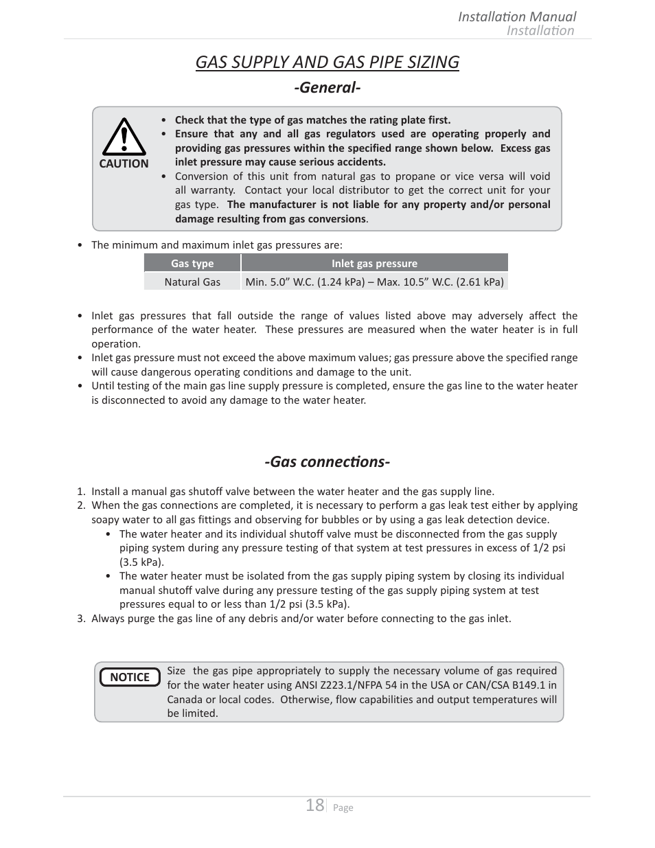 Gas supply and gas pipe sizing, General, Ͳ'ăɛđžŷŷğđɵžŷɛͳ | State GTS-510U-NE User Manual | Page 18 / 56