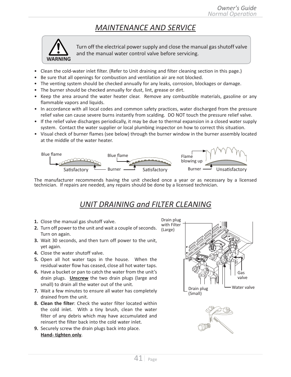 D/edeee^zs, Unit draining and filter cleaning, Ežƌŵăůkɖğƌăɵžŷ owner's guide | State GTS-510U-NE User Manual | Page 41 / 56