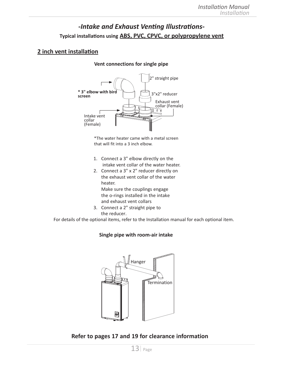Intake and exhaust venting illustrations, Installation installation manual, Refer to pages 17 and 19 for clearance information | State GTS-140-PIH User Manual | Page 13 / 56