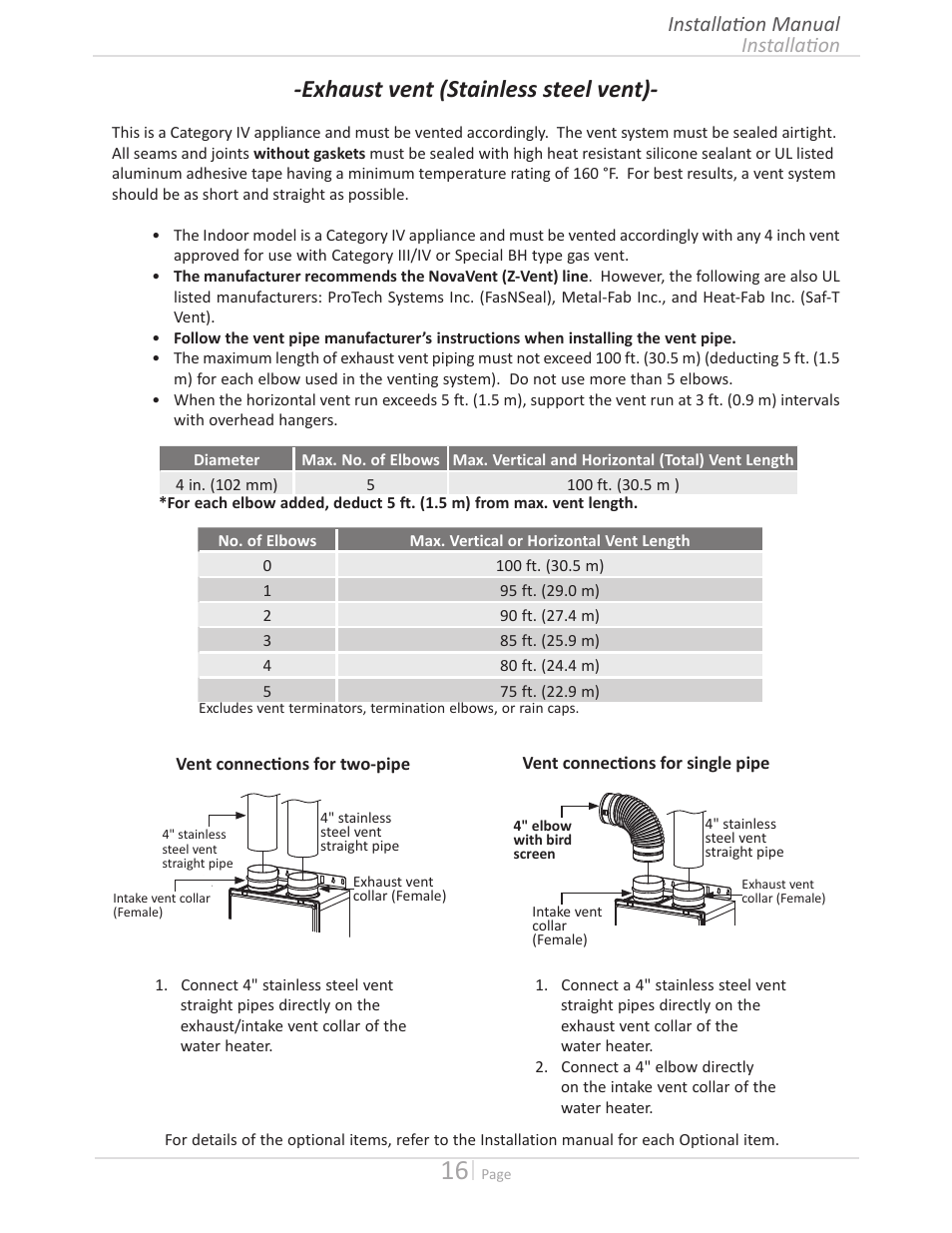 Exhaust vent (stainless steel vent), Installation installation manual | State GTS-140-PIH User Manual | Page 16 / 56