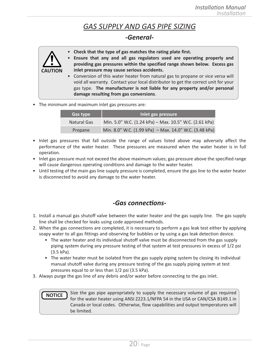 Gas supply and gas pipe sizing, General, Gas connections | State GTS-140-PIH User Manual | Page 20 / 56