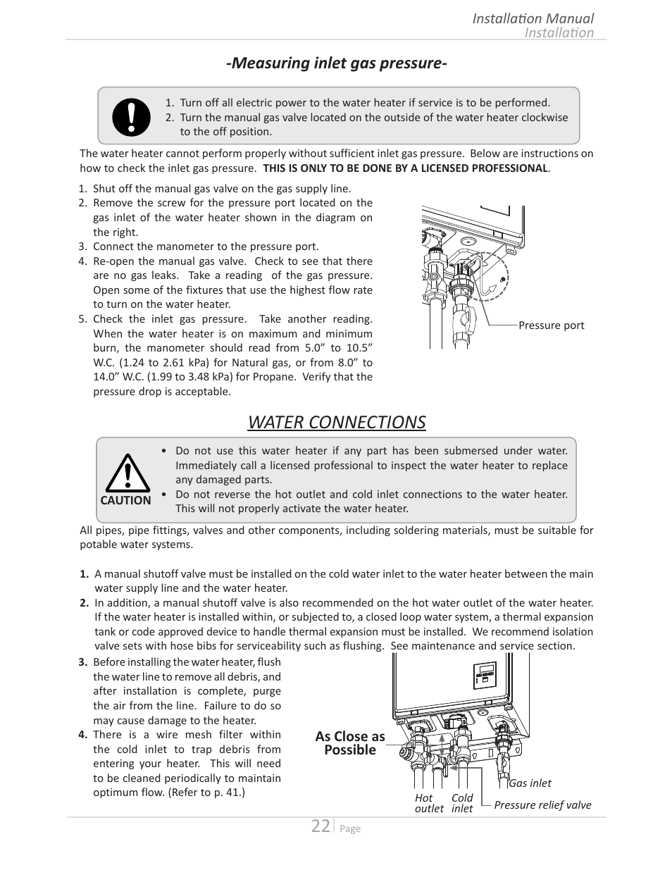 Water connections, Measuring inlet gas pressure | State GTS-140-PIH User Manual | Page 22 / 56