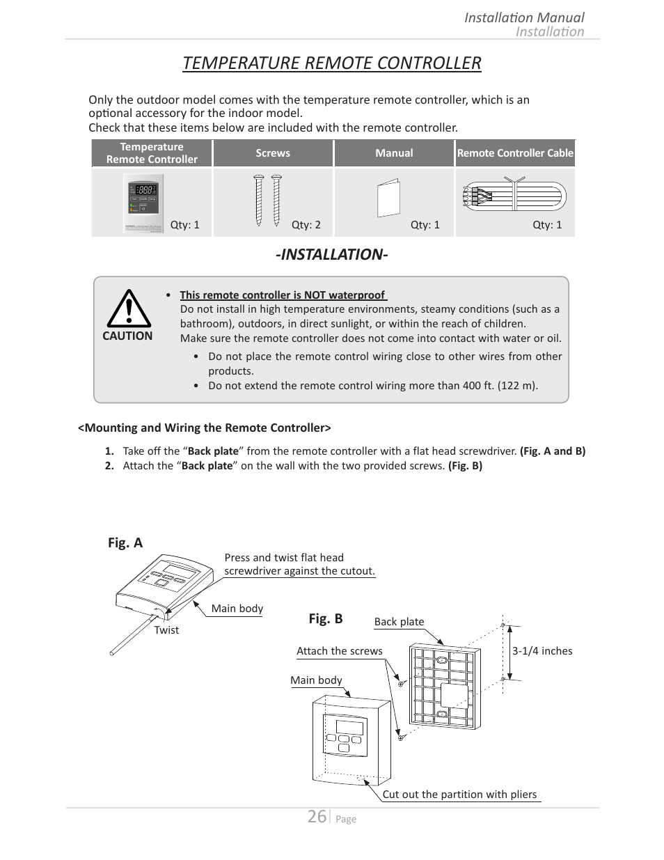 Temperature remote controller, Installation | State GTS-140-PIH User Manual | Page 26 / 56