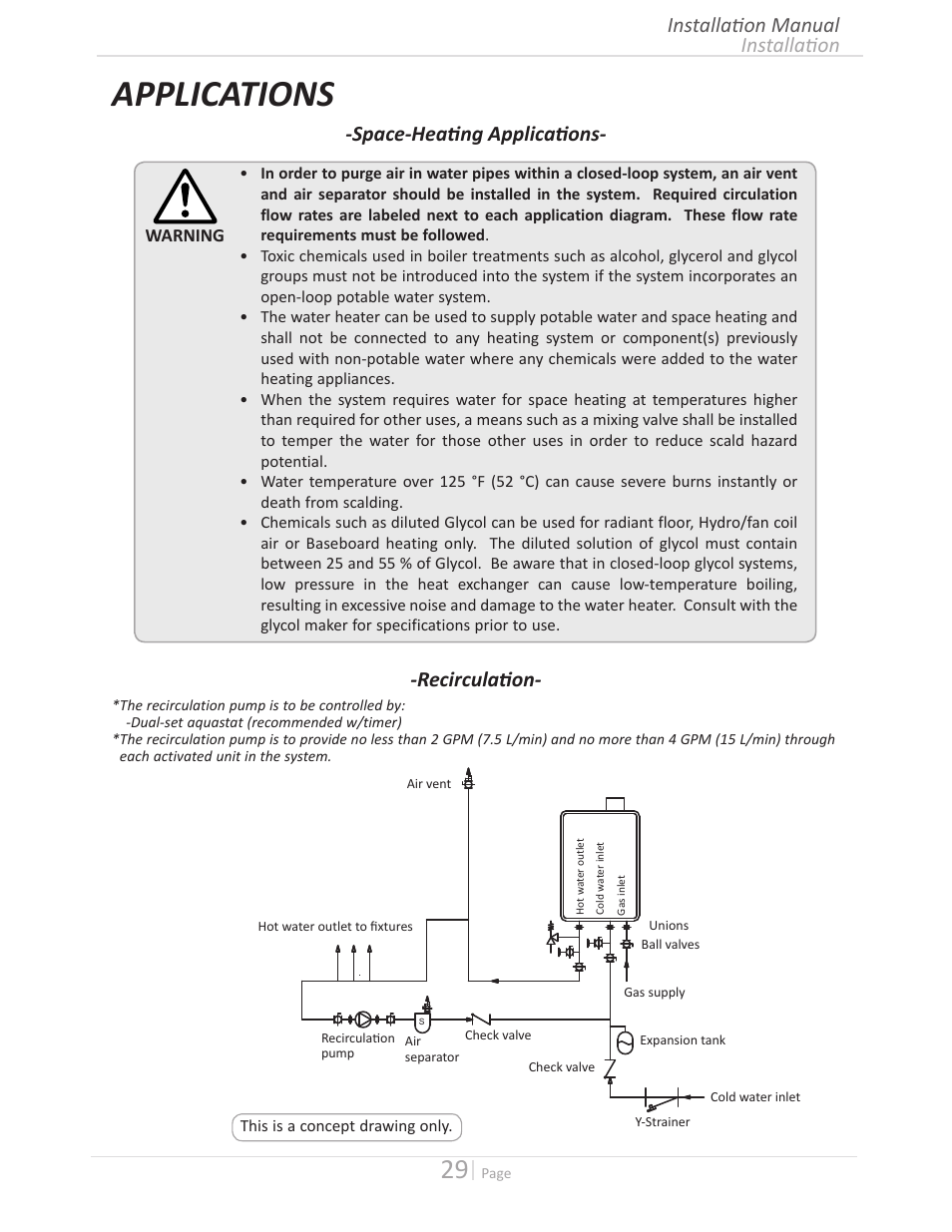 Applications, Installation installation manual, Space-heating applications- -recirculation | State GTS-140-PIH User Manual | Page 29 / 56