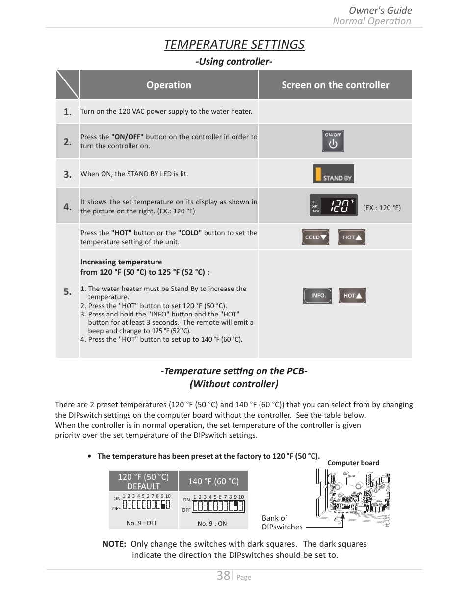 Temperature settings | State GTS-140-PIH User Manual | Page 38 / 56