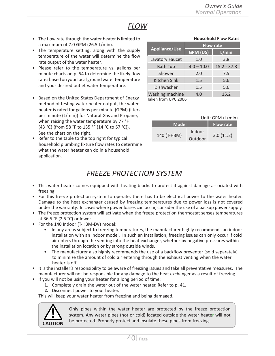 Flow, Freeze protection system, Normal operation owner's guide | State GTS-140-PIH User Manual | Page 40 / 56