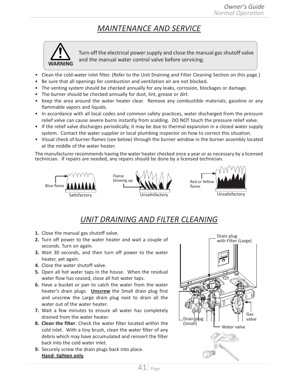 Maintenance and service, Unit draining and filter cleaning, Normal operation owner's guide | State GTS-140-PIH User Manual | Page 41 / 56