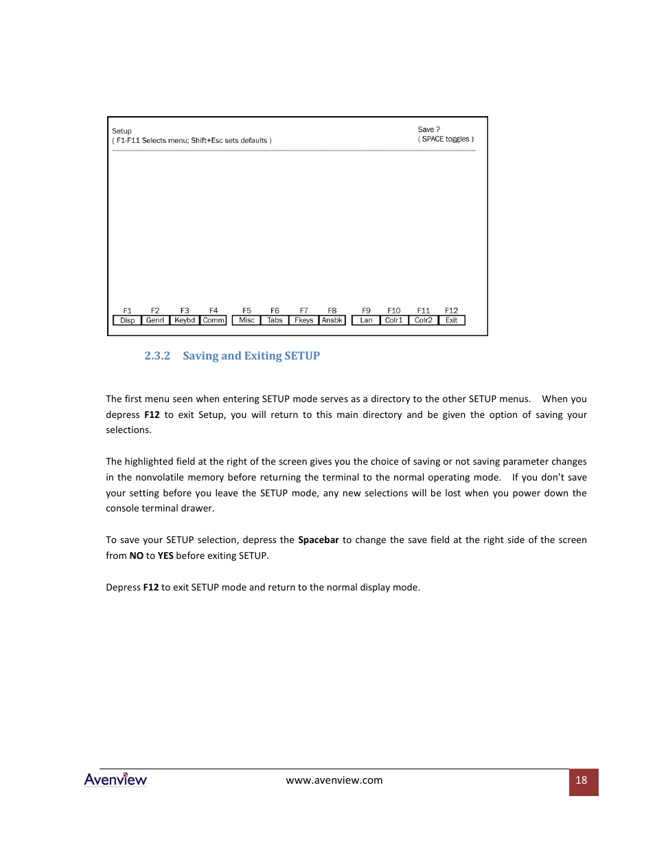 Saving and exiting setup | Avenview RTERM Series User Manual | Page 18 / 75