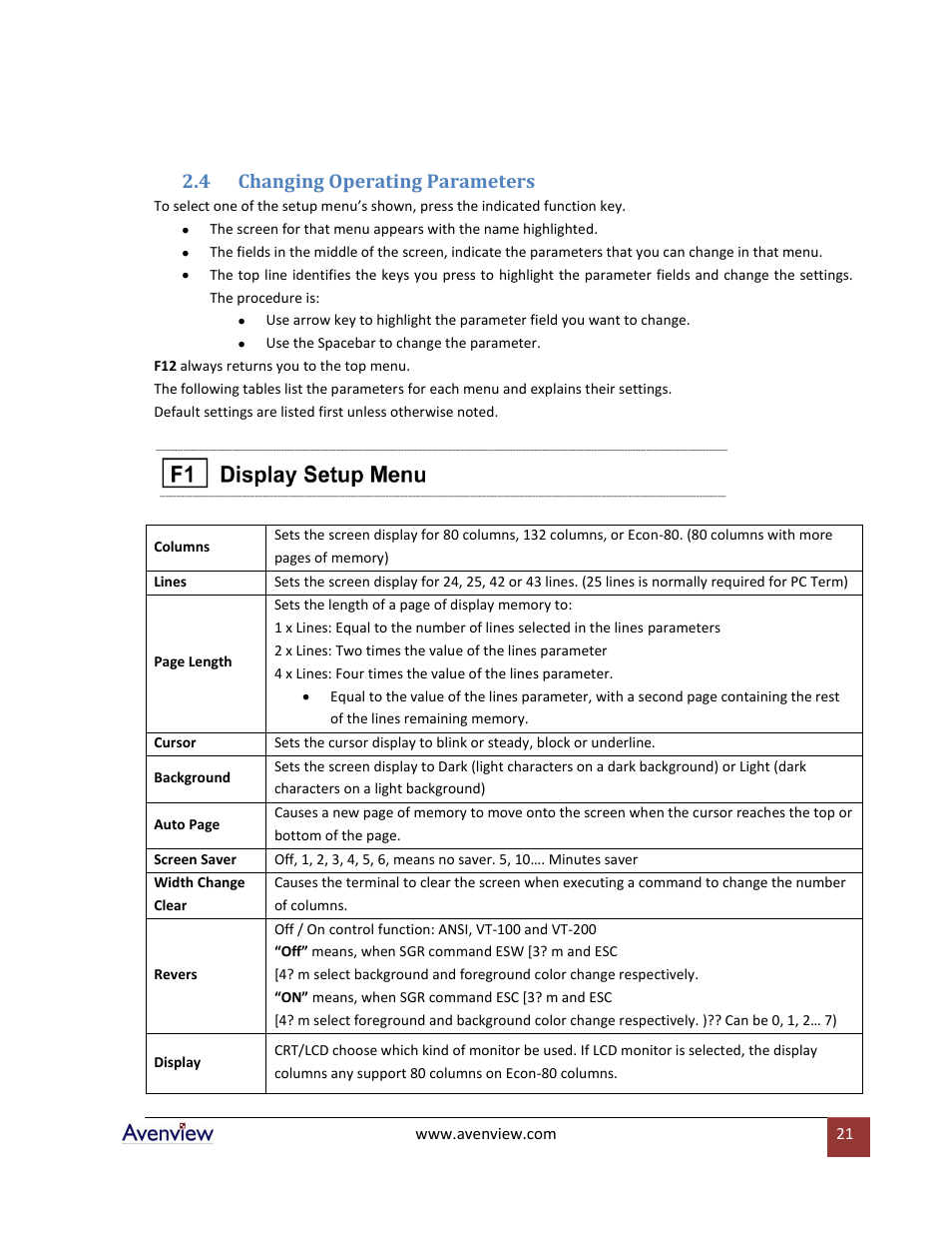 Changing operating parameters, 4 changing operating parameters | Avenview RTERM Series User Manual | Page 21 / 75