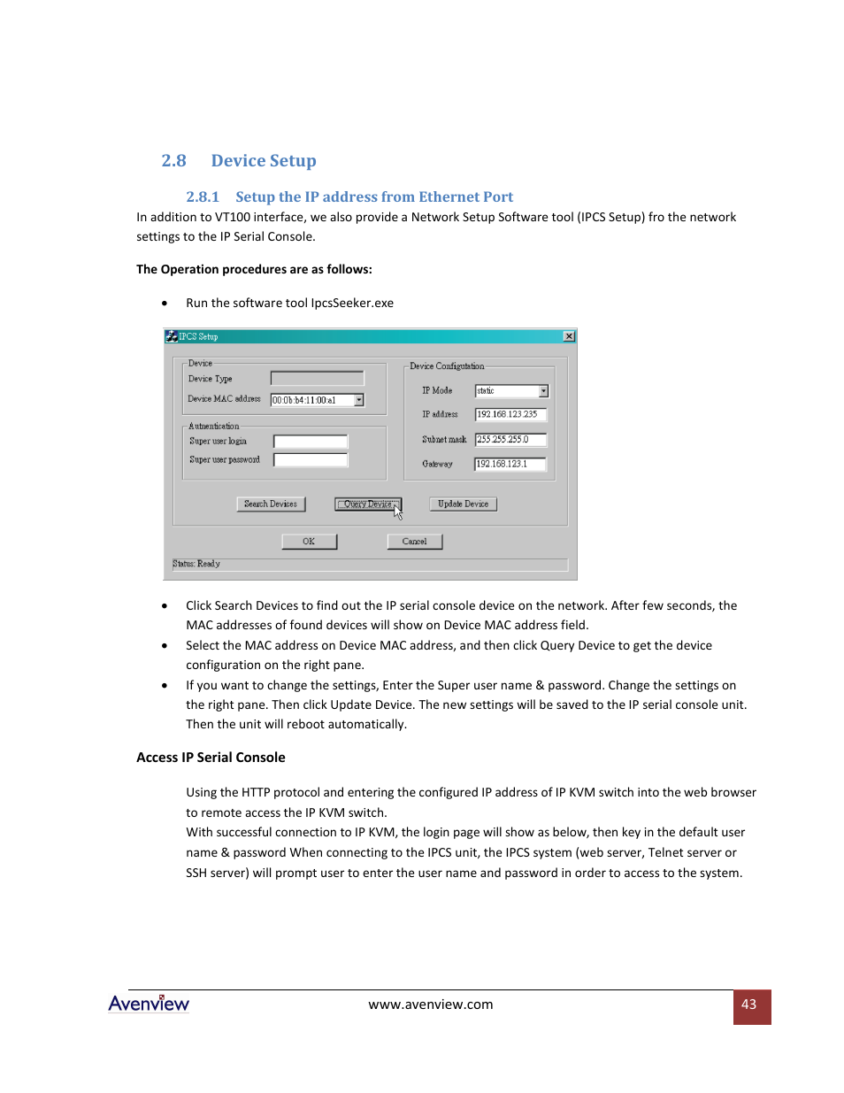 Device setup, Setup the ip address from ethernet port, 8 device setup | Avenview RTERM Series User Manual | Page 43 / 75