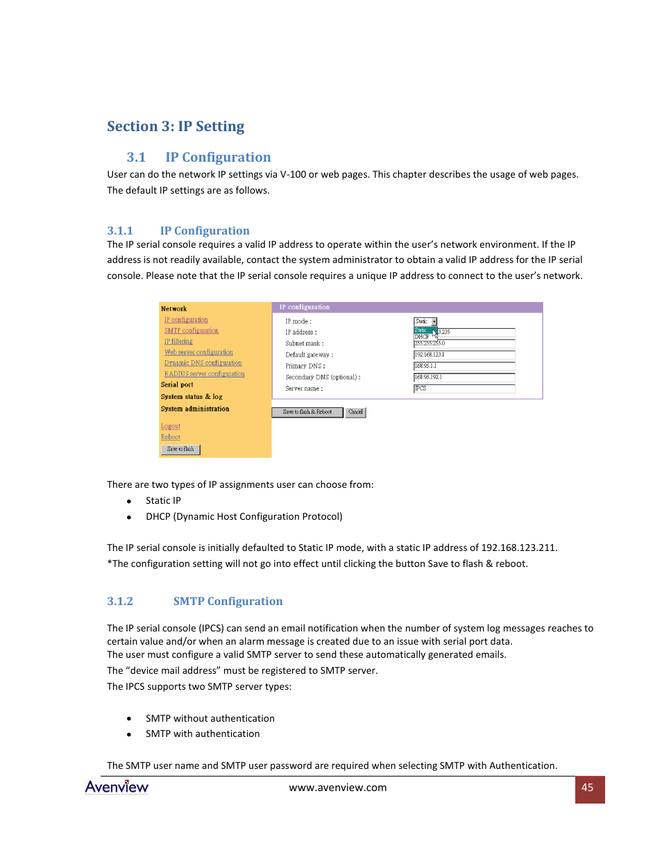 Section 3: ip setting, Ip configuration, 1 ip configuration | 2 smtp configuration | Avenview RTERM Series User Manual | Page 45 / 75