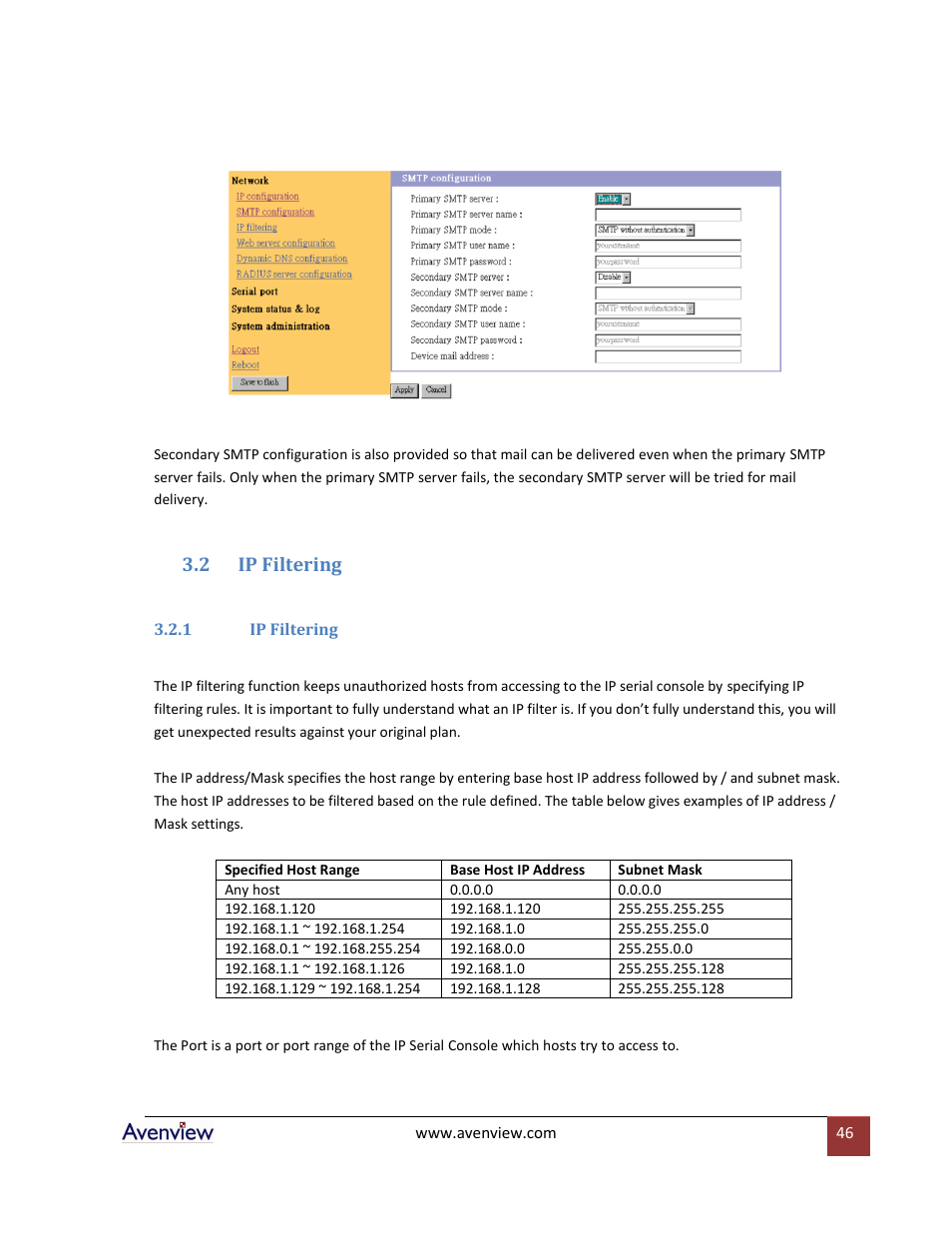 Ip filtering, 1 ip filtering, 2 ip filtering | Avenview RTERM Series User Manual | Page 46 / 75