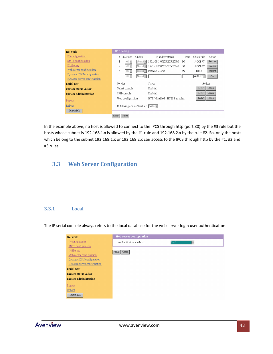 Web server configuration, 1 local, 3 web server configuration | Avenview RTERM Series User Manual | Page 48 / 75