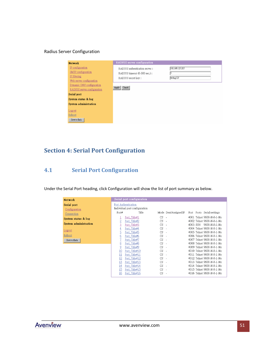 Section 4: serial port configuration, 1 serial port configuration | Avenview RTERM Series User Manual | Page 51 / 75