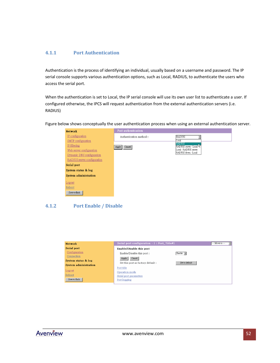 1 port authentication, 2 port enable / disable | Avenview RTERM Series User Manual | Page 52 / 75