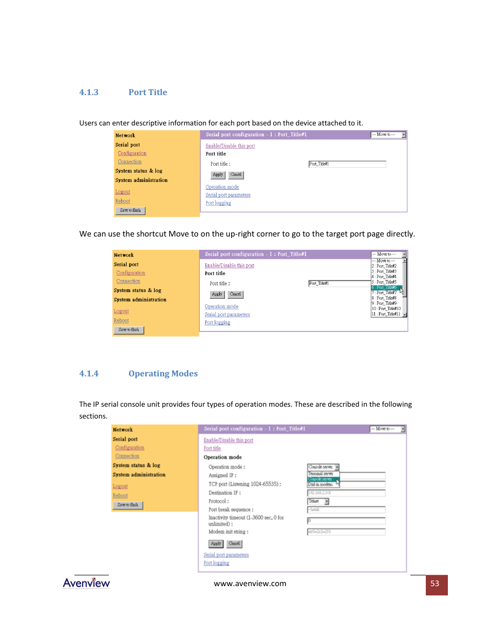 3 port title, 4 operating modes | Avenview RTERM Series User Manual | Page 53 / 75